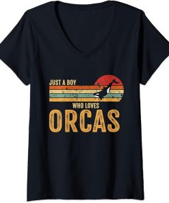 Womens Just A Boy Who Loves Orcas Killer Retro Whales Lover Funny V-Neck T-Shirt