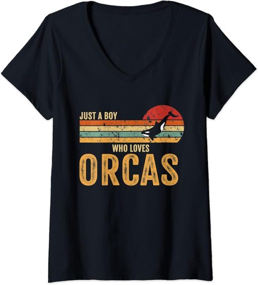 Womens Just A Boy Who Loves Orcas Killer Retro Whales Lover Funny V-Neck T-Shirt