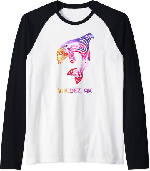 Tribal Valdez AK Orca Killer Whale Native American Raglan Baseball Tee